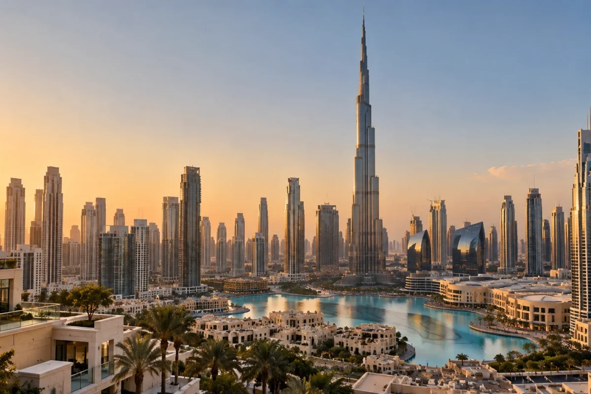 Dubai Downtown; ortada Burj Khalifa, önde alçak katlı yerleşim ve su.