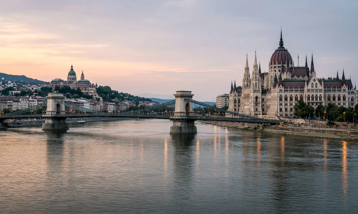 Budapeşte’de Tuna Nehri; Zincirli Köprü ve kıyıda Parlamento binası, akşam ışığı.