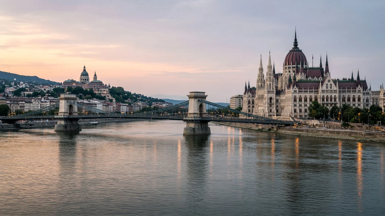 Budapeşte’de Tuna Nehri; Zincirli Köprü ve kıyıda Parlamento binası, akşam ışığı.