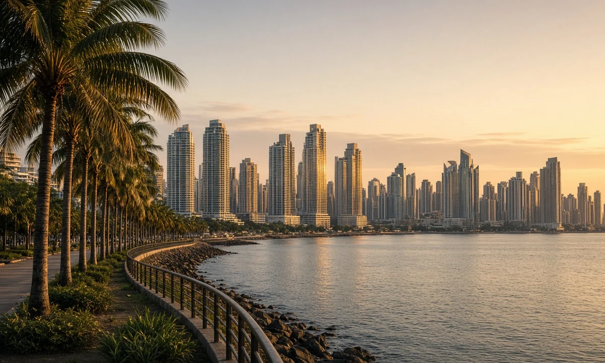 Panama City; Cinta Costera sahil yolundan körfez ve gökdelenler, gün batımı.