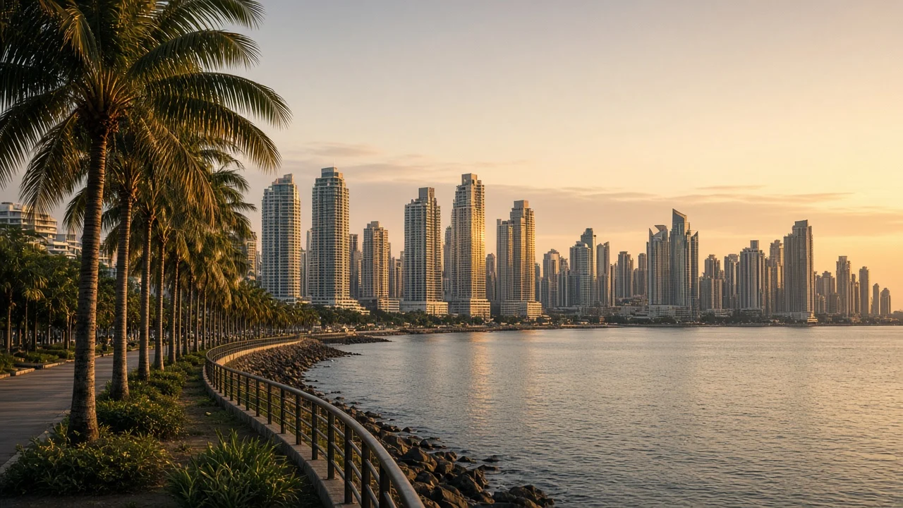 Panama City; Cinta Costera sahil yolundan körfez ve gökdelenler, gün batımı.