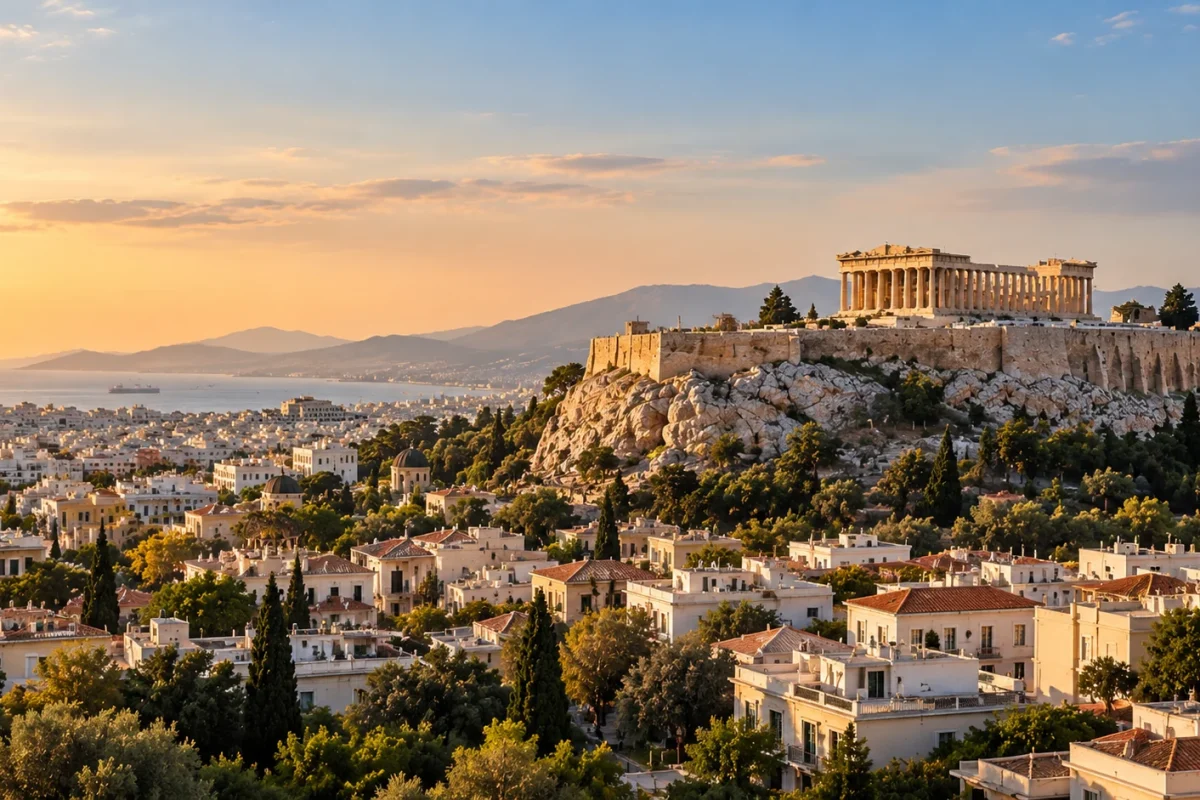 Atina’da yerleşim dokusu ve tepede Akropolis, ikindi ışığı.
